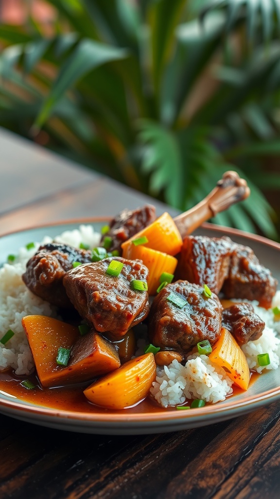 A plate of Jamaican oxtail in brown gravy with rice and peas, garnished with green onions on a rustic table.